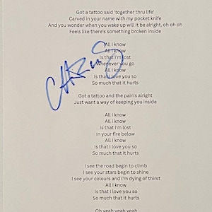 Chris Martin Coldplay Autograph On A4 Lyric Sheet Inc COA