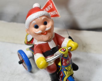 Santa Claus On A Tricycle Tin Litho & Plastic Wind Up Toy MTU Korea Version Mint