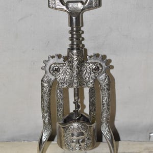 Vintage Italian Baroque-Style Wing Corkscrew with Ornate Face Motif – Heavy Metal Wine Opener-Tool Equipment Corkscrew w/Design