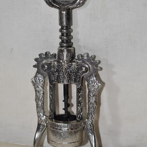 Vintage Ornate Winged Corkscrew Wine Opener – Grape & Vine Motif Metal Tool - Barware Tool Equipment