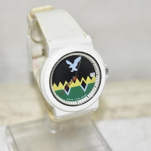 Vintage Fortis Logo Schweizer Quarzuhr - Seltenes Weisses Kunststoffband, Datumsfunktion - Uhr, Armbanduhr, Zubehör Juwel