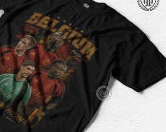 Vintage Belgium Football National Team T-Shirt Design, Belgian Red Devils Retro 90s Bootleg Style - Football T-Shirt Sepak Raga Casual