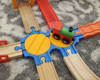 Double Wooden Train Geared Turntable, Fits Brio, IKEA, and More