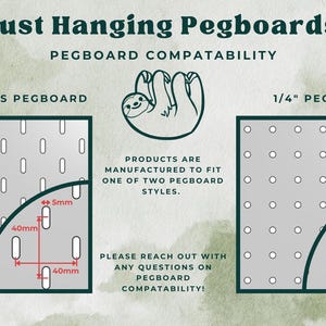 May include: Diagram showing the pegboard hole spacing for two popular pegboard styles: IKEA SKADIS and 1/4 inch pegboard. The IKEA SKADIS pegboard has holes spaced 40mm apart, while the 1/4 inch pegboard has holes spaced 1 inch apart. The diagram includes measurements in millimeters and inches.