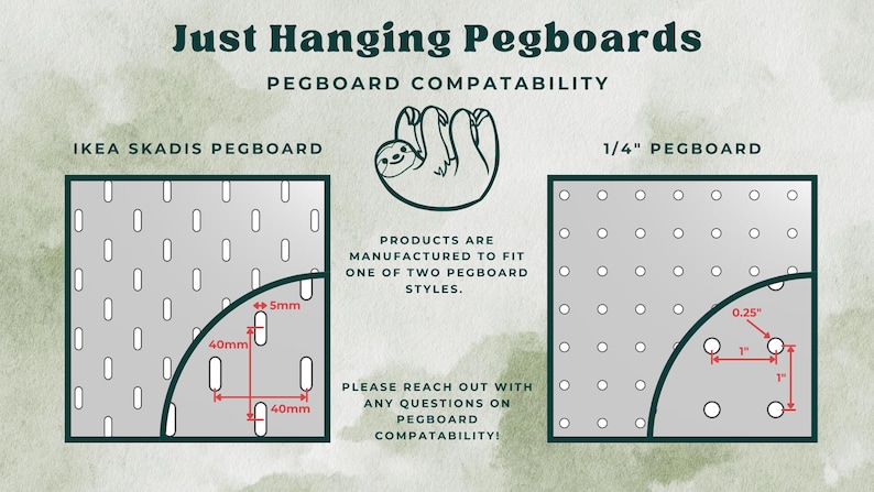 May include: Diagram showing the pegboard hole spacing for two popular pegboard styles: IKEA SKADIS and 1/4 inch pegboard. The IKEA SKADIS pegboard has holes spaced 40mm apart, while the 1/4 inch pegboard has holes spaced 1 inch apart. The diagram includes measurements in millimeters and inches.