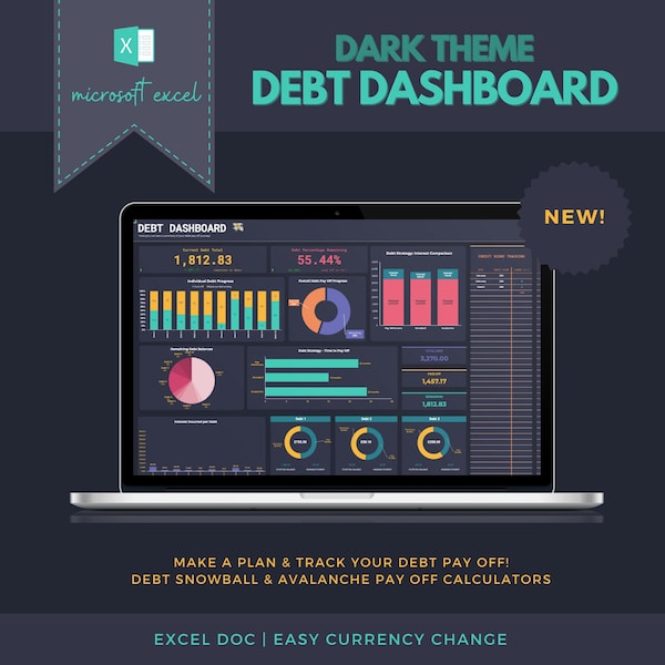 EXCEL DARK THEME Debt Dashboard | Debt Pay Off Tracker | Debt Snowball Calculator | Debt Avalanche Calculator | Debt Pay Off Calculator