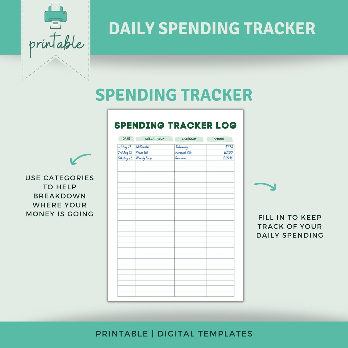 SPENDING TRACKER Printable Spending Log Transaction Log Digital