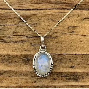 Natural Moonstone Blue Fire Gemstone Sterling Silver Pendant Necklace For Women's Oval Rainbow Moonstone Jewelry Gift Her Elegant Delicate