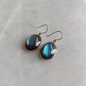 Labradorite Blue Fire Gemstone Oval Earrings: Gold Filled Sterling Silver Dangle Drop Jewelry Gift