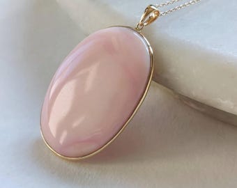 Large Pink Opal Necklace: Gold Filled Sterling Silver Oval Pendant
