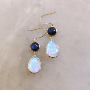 Rainbow Moonstone & Labradorite Earrings: Gold Filled Sterling Silver Teardrop Dangle
