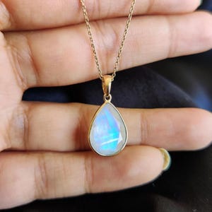 Rainbow Moonstone Blue Fire Gemstone Pendant Necklace For Women Gold Filled in Sterling Silver Pear Cut, Fine Quality Moonstone Jewelry Gift