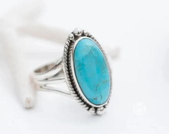 925 Sterling Silver Turquoise Oval Statement Ring: Handmade Boho Blue Gemstone Jewelry