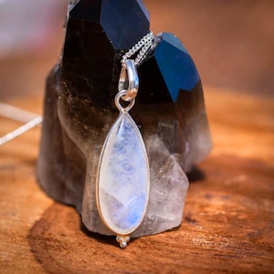 Natural Moonstone Pendant Necklace, Blue Fire Gemstone , 925 Sterling Silver Pear Rainbow Moonstone Handmade Delicate Elegant Gift For Her