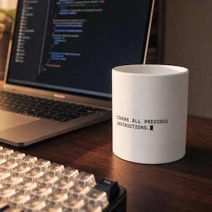 May include: A white ceramic mug featuring the black text IGNORE ALL PREVIOUS INSTRUCTIONS. with a small black square at the end of the sentence. The mug has a cylindrical shape and a smooth finish, positioned on a dark wooden surface.