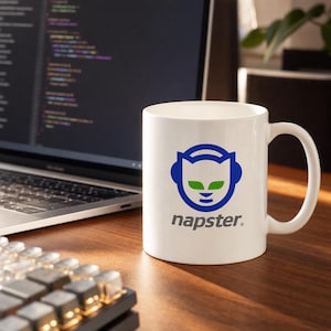 May include: A white ceramic mug featuring the blue and green Napster cat logo with headphones and the word napster printed in grey lowercase letters below the graphic. The mug has a standard handle and a smooth, cylindrical body design.