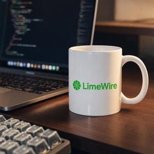 May include: A white ceramic mug featuring the green LimeWire logo, which consists of a stylised lime slice icon next to the text LimeWire. The mug has a standard cylindrical shape with a curved handle on the right side and a smooth finish.