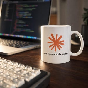 May include: A white ceramic mug featuring an orange starburst graphic and the black text "You're absolutely right!" printed on the front. The mug has a curved handle and a smooth finish, positioned upright with a clear view of the design.