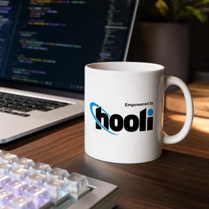 May include: A white ceramic mug featuring the black text 'hooli' with a blue swoosh graphic and the words 'Empowered by' printed above it. The mug has a standard cylindrical shape with a curved handle on the right side, positioned on a desk.