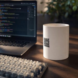 May include: A white ceramic mug featuring the black printed text RAGE AGAINST THE MACHINE LEARNING. The mug has a cylindrical shape with a smooth finish and is positioned on a dark surface next to a laptop computer and a mechanical keyboard.