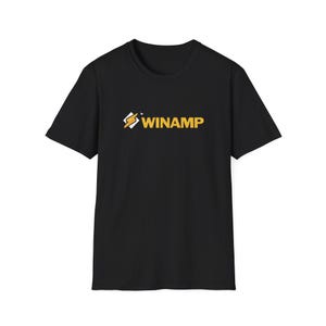 May include: A black short-sleeve t-shirt featuring the Winamp logo printed in yellow and white on the center of the chest. The graphic includes a stylized yellow lightning bolt icon inside a white diamond shape next to the text WINAMP.