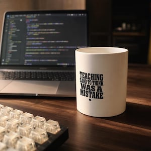 May include: A white ceramic mug featuring the black printed text "TEACHING SAND TO THINK WAS A MISTAKE" with a small black droplet icon below the lettering. The mug has a cylindrical shape and a smooth, glossy finish, standing upright on a surface.