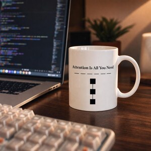 May include: A white ceramic mug featuring the black text "Attention Is All You Need" printed above a horizontal line and a vertical stack of three black squares. The mug has a standard handle and a smooth, cylindrical body design.