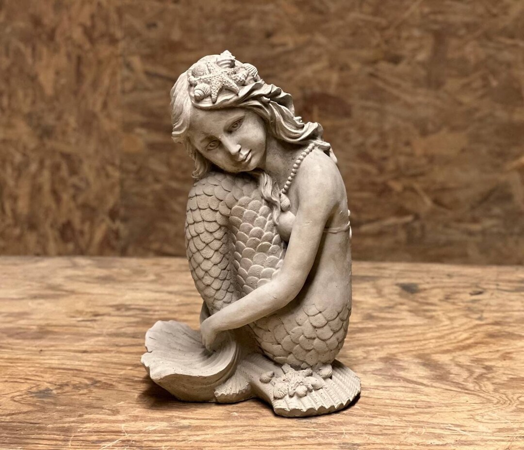 Concrete Mermaid Statue Sitting on the Stone Mermaid Detailed Etsy