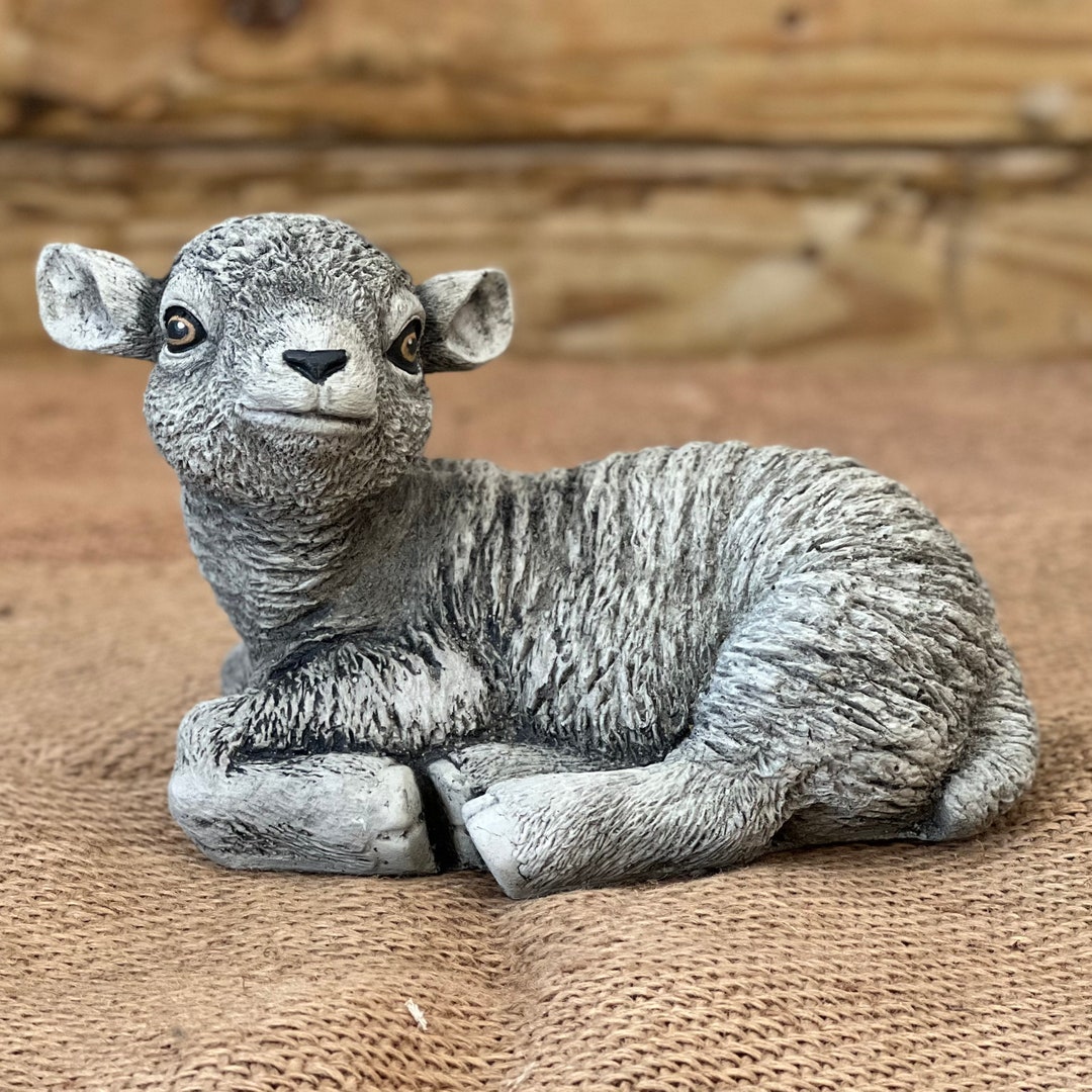 Laying Baby Lamb Statue Cute Lamb Concrete Figurine Farm Animal