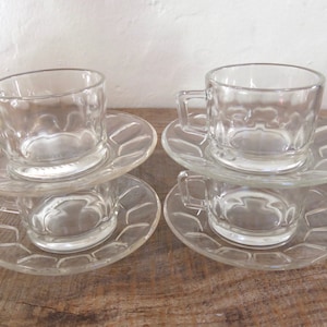 Set of four (4) vintage clear glass Crisalex Portugal espresso coffee cups | small cups and saucers | Retro | 1970s