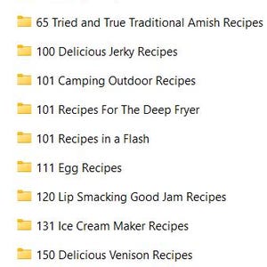 May include: A collection of digital folders, each labeled with a title related to recipes. Titles include "4th of July Recipes," "100 Delicious Jerky Recipes," and "131 Ice Cream Maker Recipes." The folders are yellow and arranged vertically.