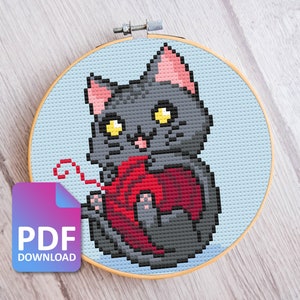 Cross Stitch Pattern Digital PDF Download - Kitten and Yarn Decoration Cat Cute Cuddly