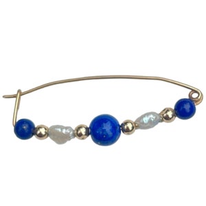 Vintage 14k Gold Rice Pearl Lapis Brooch