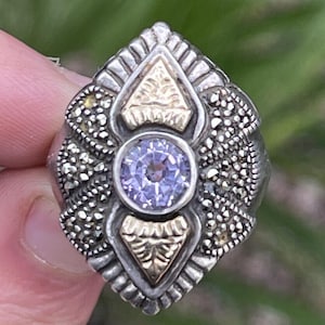 Vintage 18k Yellow Gold and Sterling Silver Ring 925 Size 8 Amethyst Bali balinese