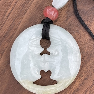 247 carat Jade Vintage Jadeite Carved Necklace Pendant Estate Kissing Moon
