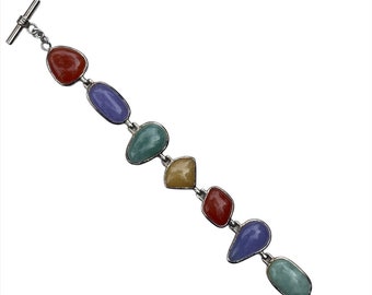 Vintage Sterling Silber Multicolor Jade Armband 26 Gramm