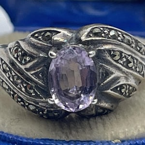 Vintage Sterling Silver Ring 925 Size 9 Band Art Deco Amethyst Marcasite