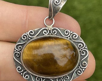 Vintage Sterling Silber Halskette 925 Anhänger Tigerauge mit braunem Stein