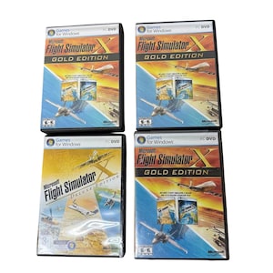 May include: Four PC DVD game cases for Microsoft Flight Simulator X. Three cases are Gold Edition, featuring an airplane graphic and the Games for Windows logo. One case is the Deluxe Edition, displaying a yellow background and aircraft imagery.