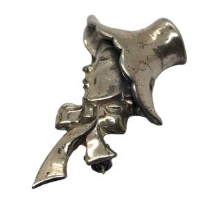 Vintage Sterling Silver Brooch Pin 925 Lang Signed Face Woman Hat Ribbon