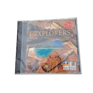 May include: A sealed CD-ROM case for the computer game "Explorers of the New World." The cover art features a map, a telescope, and the game's title. The case is compatible with both Macintosh and Windows operating systems.
