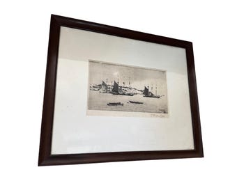 Phillip Little 3 Schooners at Anchor, Nautical Seascape Harbor Etching Signed New England framed vintage