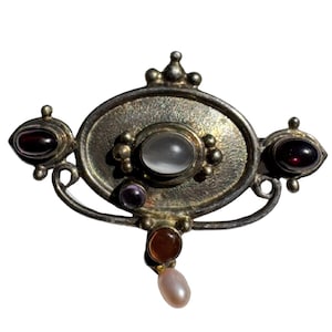 Vintage Sterling Silver Garnet Brooch Pin Pendant Pearl