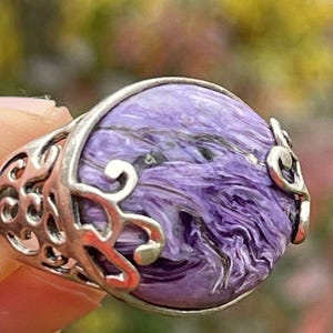 Vintage Sterling Silver Ring Size 8 Purple Russian Charoite Signed China Scroll