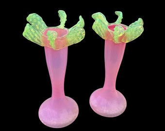 EXCEPTIONAL Art Deco Uranium Glass Vase Pair Vintage Estate Flower Victorian