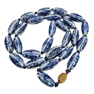 Vintage Chinese Porcelain Bead Necklace Hand Knotted Blue and White Ceramic 30&quot;