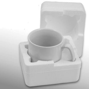 May include: A white ceramic mug is packaged in a white styrofoam box with a molded insert to protect the mug during shipping.