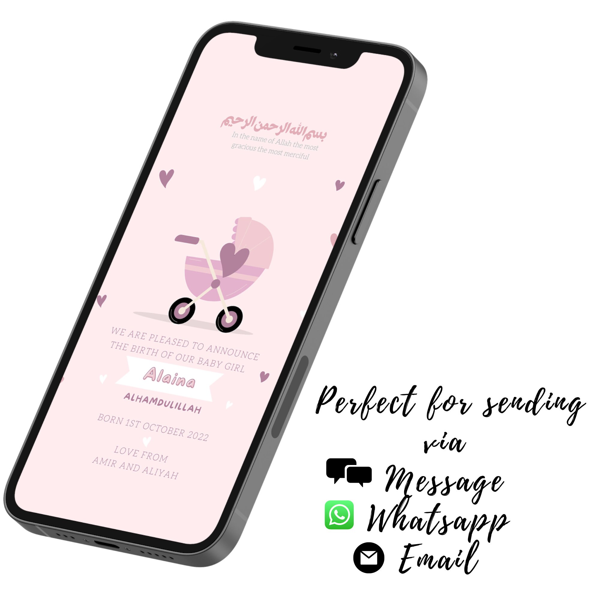 Personalised Islamic Baby Girl Birth Announcement , Digital File Etsy