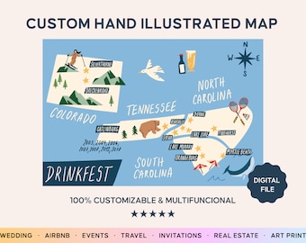 Custom Hand Illustrated Map, Wedding Invitation, Save the Date, City map, Itinerary, Event Map, Personalized Map, Map Print| Printable File