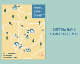 Custom Hand Illustrated Map of any Place, Wedding, Event Map, Airbnb, Digital print, Business Map -  Any Size (6 places)